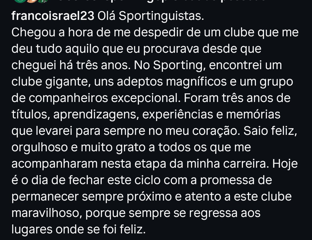 Mensagem de despedida de Franco Israel 💚