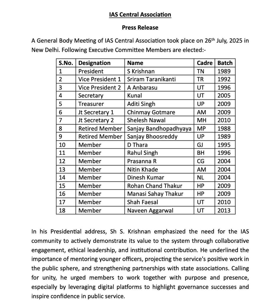 IASassociation's tweet image. Happy to announce Sh S Krishnan, #IAS (TN:89), as the new President of the IAS Central Association, leading the newly elected Executive Committee!
The EC is committed to championing service excellence, mentoring young officers, fostering ethical leadership, and strengthening…
