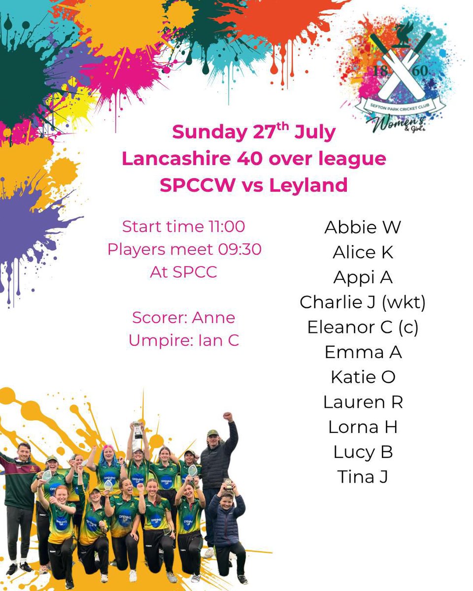 Sefton Park Women's Cricket (@spcc_women) on Twitter photo Sefton Women are at home today in the <a href="/LancsCricketFDN/">Lancashire Cricket Foundation</a> 40 over league v <a href="/LeylandCC/">Leyland Cricket Club</a> Women. Come down to support and stay for the football final afterwards! Go well all πππ Sefton Women are at home today in the <a href="/LancsCricketFDN/">Lancashire Cricket Foundation</a> 40 over league v <a href="/LeylandCC/">Leyland Cricket Club</a> Women. Come down to support and stay for the football final afterwards! Go well all πππ