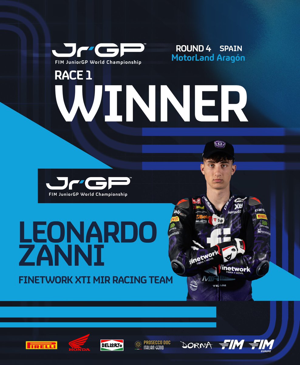 JuniorGP's tweet image. He will never forget this one! 🤩🏆
Leonardo Zanni obtains his first-ever JuniorGP victory with a stunning win at MotorLand Aragón! 🚀
#RoadToMotoGP🏁