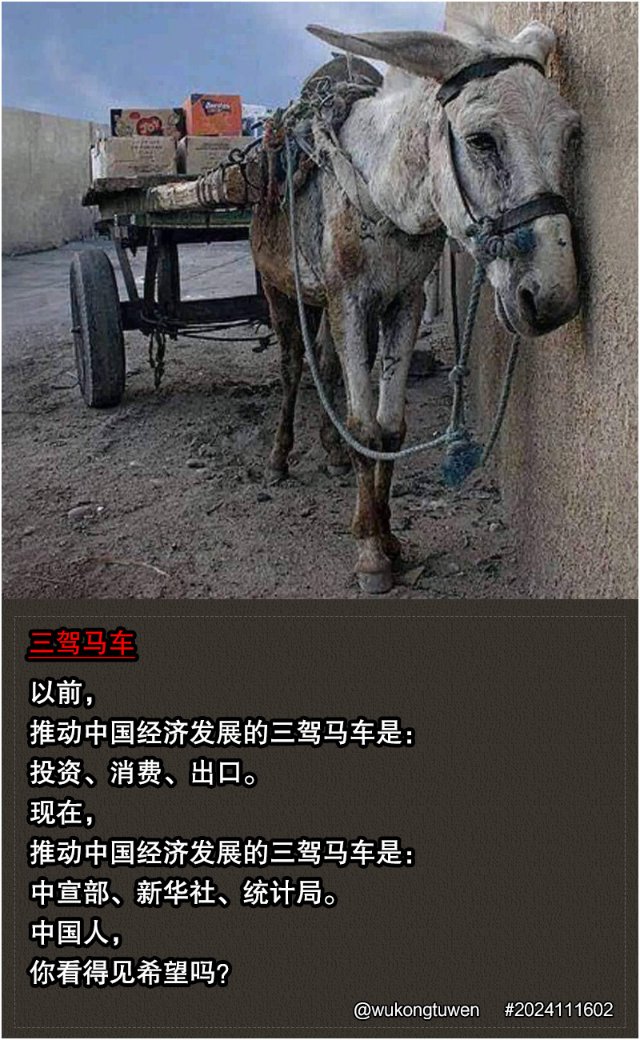 以前，
推動中國經濟發展的三駕馬車是：
投資、消費、出口。
現在，
推動中國經濟發展的三駕馬車是：
中宣部、新華社、統計局。
中國人，
你看得見希望嗎？