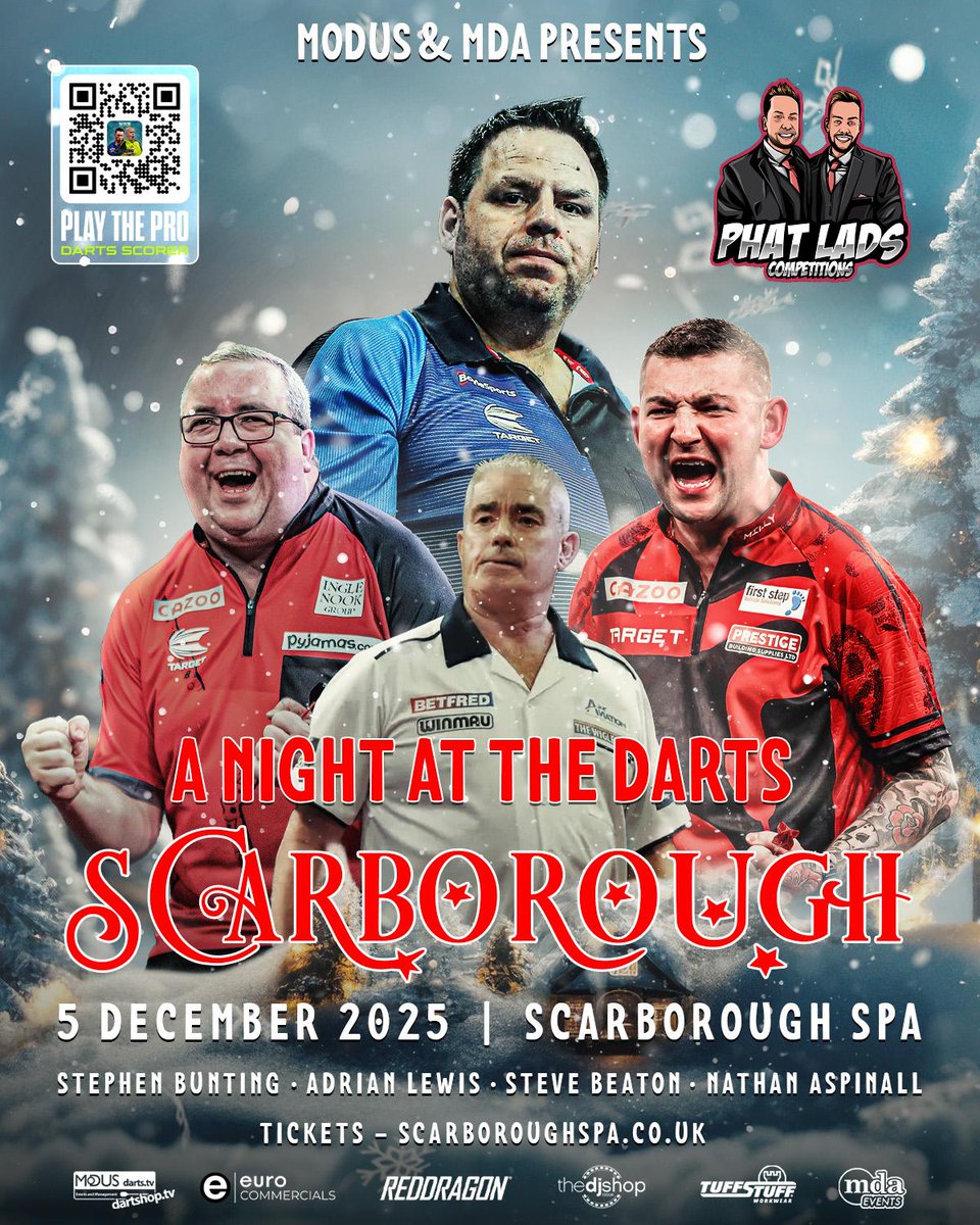 MODUS Sports (@modusdarts180) on Twitter photo 🎄Enjoy A Night at the Darts this Christmas in Scarborough!🎄
There are champions galore at The Spa this December, and you can be there for a pre-Christmas cracker!
🎟Tickets:
dartshop.tv/products/a-nig…
<a href="/jackpot180/">Adrian Lewis</a>
<a href="/sbunting180/">Stephen Bunting</a>
<a href="/NathanAspi/">Nathan Aspinall</a>
<a href="/Stevebeaton180/">Stevebeaton</a>
<a href="/reddragondarts/">Red Dragon Darts</a> 🎄Enjoy A Night at the Darts this Christmas in Scarborough!🎄
There are champions galore at The Spa this December, and you can be there for a pre-Christmas cracker!
🎟Tickets:
dartshop.tv/products/a-nig…
<a href="/jackpot180/">Adrian Lewis</a>
<a href="/sbunting180/">Stephen Bunting</a>
<a href="/NathanAspi/">Nathan Aspinall</a>
<a href="/Stevebeaton180/">Stevebeaton</a>
<a href="/reddragondarts/">Red Dragon Darts</a>