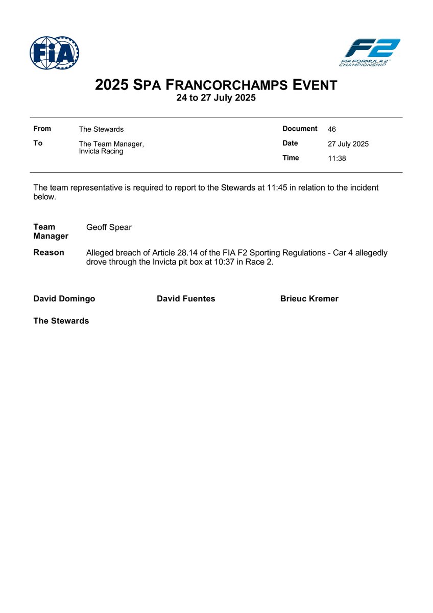 f2docsbot's tweet image. New document: Doc 46 - SUMMONS - Invicta TM - Car 4 allegedly drove through Invicta pit box in Race 2
Published on 27.07.25 11:39 CET
fia.com/system/files/d…
#F2 #Formula1 #FIA