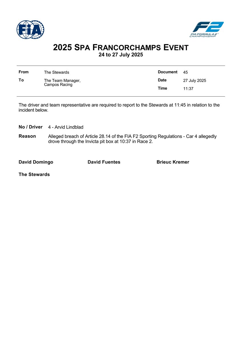 f2docsbot's tweet image. New document: Doc 45 - SUMMONS - Car 4 - allegedly drove through Invicta pit box in Race 2
Published on 27.07.25 11:39 CET
fia.com/system/files/d…
#F2 #Formula1 #FIA