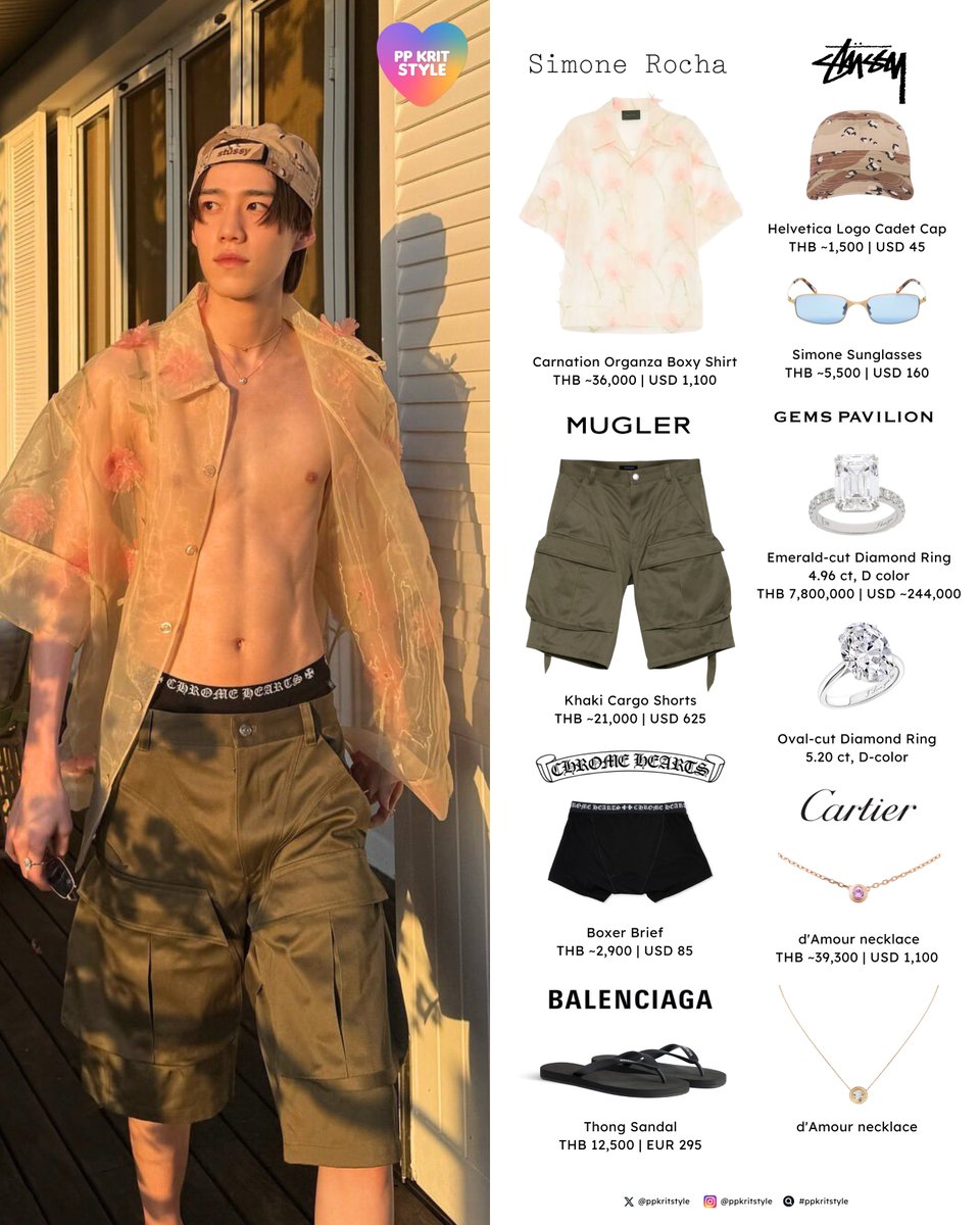 ppkritstyle's tweet image. 〰️ พีพี | PP KRIT STYLE: #BKPPพาพี่พี่ติดเกาะ
#SimoneRocha Carnation Organza Boxy Shirt
#Mugler Cargo Shorts
#Stussy Helvetica Logo Cadet Cap, Simone Sunglasses
#GemsPavilion Emerald, Oval-cut Diamond Ring
#Balenciaga Thong Sandal
#Cartier d'Amour necklace
#ppkritt #ppkritstyle