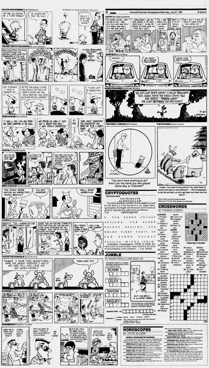 ClassicStrips's tweet image. Today’s Comics Page, The Reporter Dispatch, White Plains New York
Saturday , July 27,1991