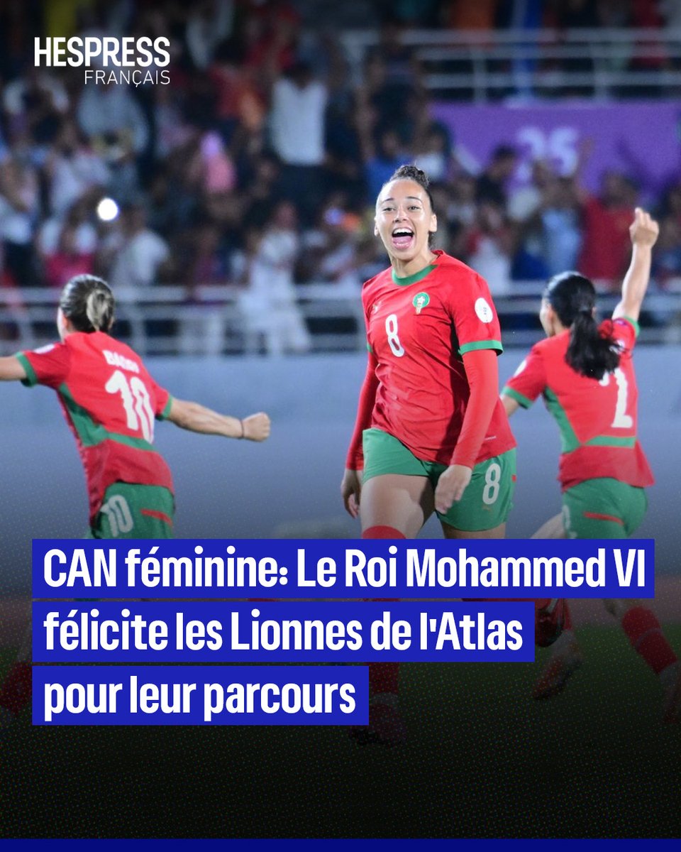 HespressFr's tweet image. Le Roi Mohammed VI a adressé, samedi soir, un message de félicitations aux membres de la sélection nationale féminine de football pour leur brillant parcours à la Coupe d’Afrique des Nations féminine de Football 2024.
Dans ce message, le souverain affirme avoir suivi avec une…