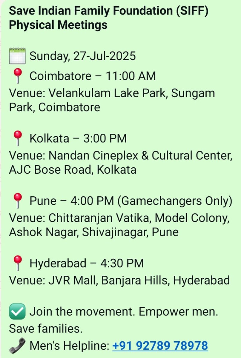 Rads0071's tweet image. SIFF a NGO working for men and boys conducts regular weekly physical meetings across various cities in India.

Come join the Men&apos;s Rights Movement, Contribute, Win your cases and get your life back!!!

#SIFFWithYou