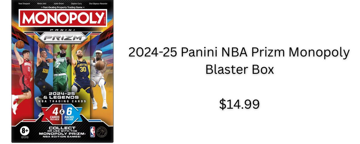 FastBreakCards's tweet image. 2024-25 Panini NBA Prizm Monopoly Blaster Box #ad 

$14.99

bit.ly/4heD8YO