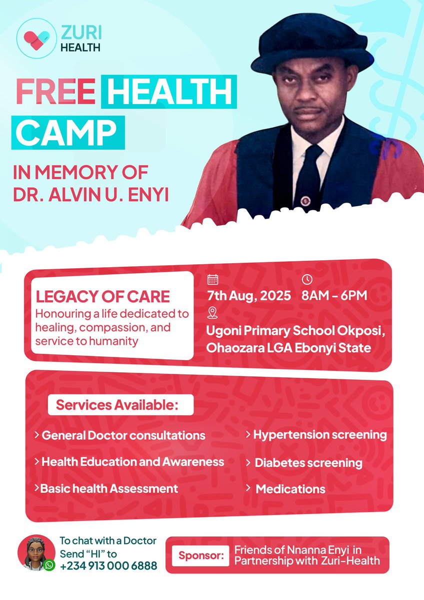Hello ndi nwem 

This is happening in my home town okposi, Ohaozara LGA of Ebonyi Statete in honor and Memory of Dr Alvin U Enyi.

I ll be there as a <a href="/ZuriHealth/">Zuri Health</a> ambassador and also a daughter of Okposi. 

Kindly share this flyer widely and let’s link up on that day if you ll