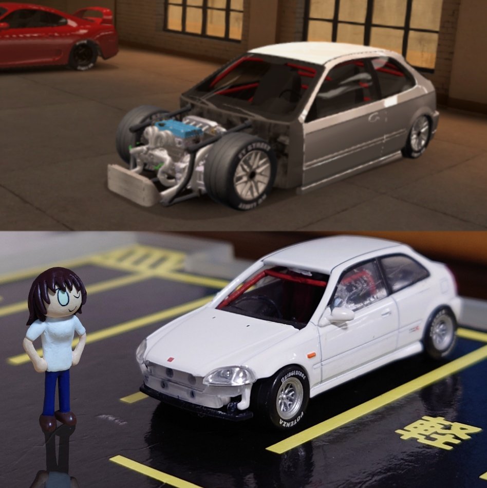 fudgebitter's tweet image. アプデでようやく車内のロールケージの色が反映されるようになったみたいだ。以前入手したジャンク品のトミカを散々使い倒され放置された改造車みたいに内装とタイヤを換えて遊び、ゲーム内でも同じようにみすぼらしい外観のものを作っていたんだけどこのシビック、意外とゼロヨンでも主戦力になるんだ
