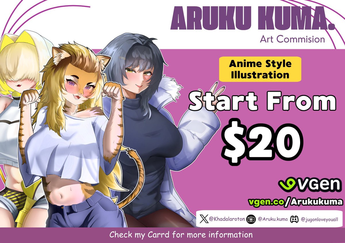 Commision Open :D 
Hello It's me Aruku kuma, i'm Open for commision Start from $20.

If you interested feel free to contact me at X or VGen :
vgen.co/arukukuma

Retweet will be apreciated ^^

#artcommision #VGenComm #VGenComms #VgenOpen #opencommision #commisionopen