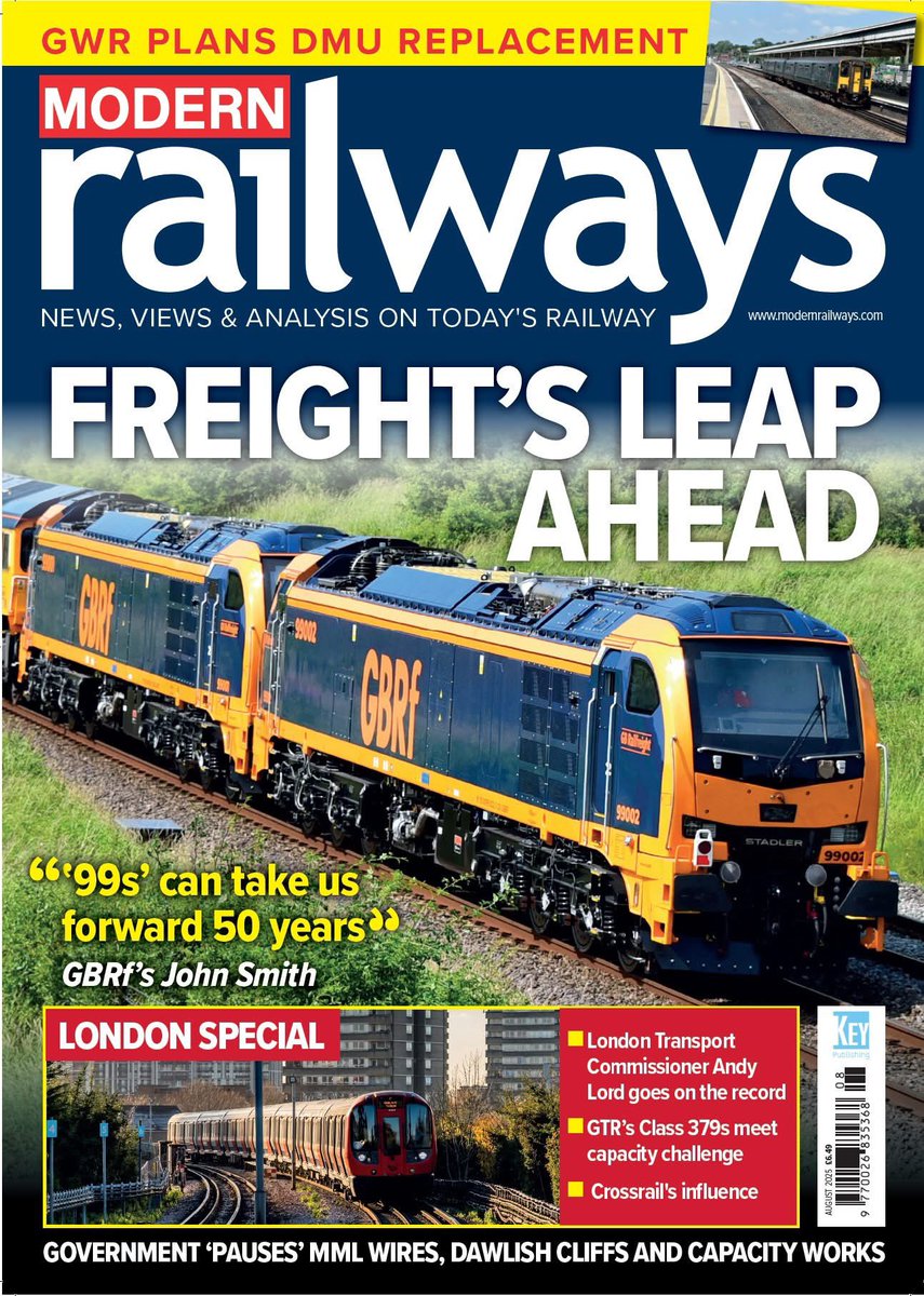 The August issue of Modern Railways is out NOW! There’s interview with <a href="/GBRailfreight/">GB Railfreight</a> CEO John Smith about 99s, we talk to <a href="/TfL/">TfL</a> Commissioner Andy Lord and visit Hornsey for 379 reinstatement work. All this and more, online at modernrailways.com/?utm_source=X and at all good newsagents!