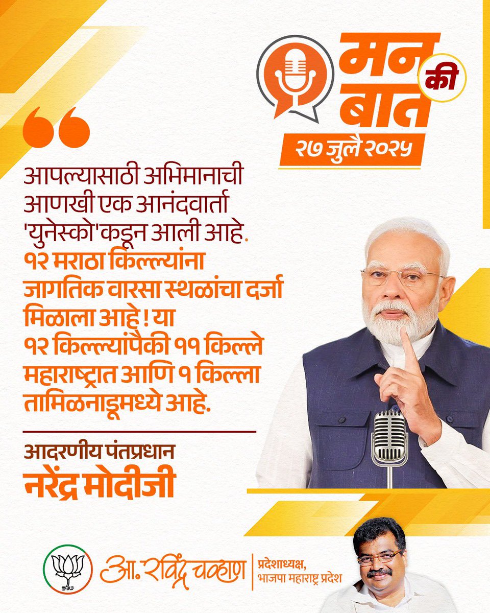 RaviDadaChavan's tweet image. देशातील छत्रपती शिवाजी महाराजांच्या १२ किल्ल्यांना 'युनेस्को'चा जागतिक वारसा दर्जा मिळणं म्हणजे आपल्या भारतीय इतिहासाचा जागतिक सन्मान!
#UNESCOHeritage #MarathaPride #MannKiBaat #ModiInMannKiBaat
#AtmanirbharBharat #UNESCOHeritage #PMModi #BJPFamily #BJP4MAHARASHTRA
#AaplaRavi…