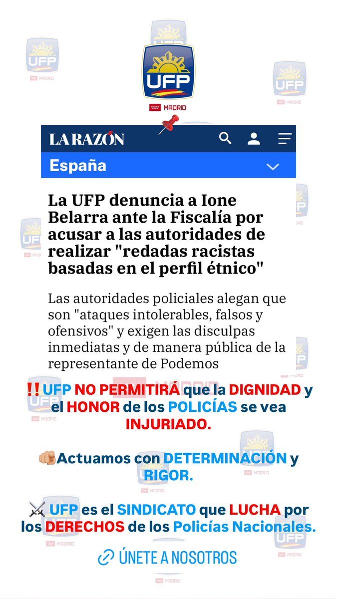 UFP_MADRID's tweet image. ‼️UFP NO PERMITIRÁ que la DIGNIDAD y el HONOR de los POLICÍAS se vea INJURIADO. 

🫵🏼Actuamos con DETERMINACIÓN y RIGOR.

⚔️ UFP es el SINDICATO que LUCHA por los DERECHOS de los Policías Nacionales.

💙 Únete a nosotros:

ufpol.org/form-1