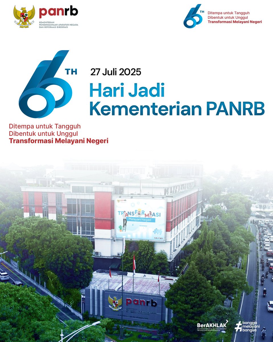 Kementerian PANRB merayakan ulang tahun ke-66 pada 27Juli 2025.

Hari ini menjadi momentum bagi kami untuk memperkuat semangat dalam mewujudkan reformasi birokrasi dan pelayanan publik berkualitas yang dapat dirasakan masyarakat hingga pelosok negeri.
__
#KemenPANRB
#HUT66PANRB
