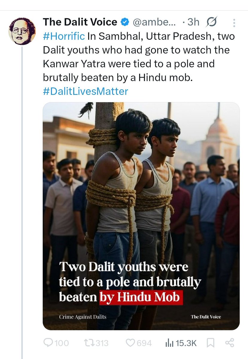 What this ambedkarite handle won't tell you:
1)The youths were NOT beaten because of their "caste".
They were suspected of theft.

2)Most dalits are devout hindus &amp; many dalits participate in Kanwar yatra

This handle always uses half-information to spread hatred against Hindus!!