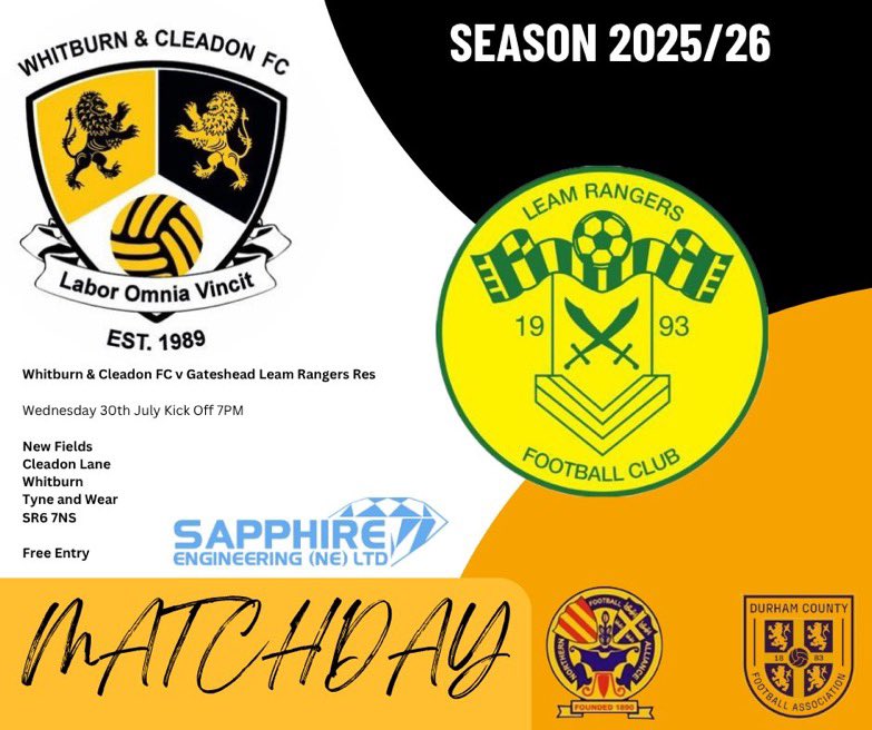 Whitburn & Cleadon FC (@fcwhitburn) on Twitter photo NEXT UP
On Wednesday evening we play our final pre season friendly before our league campaign starts next weekend .
We host <a href="/LeamRangers/">Gateshead Leam Rangers</a> Res at New Fields on Wednesday 30th July . Kick off 7 pm - Free Entry
New Fields
Cleadon Lane
Whitburn
Tyne and Wear
SR6 7NS NEXT UP
On Wednesday evening we play our final pre season friendly before our league campaign starts next weekend .
We host <a href="/LeamRangers/">Gateshead Leam Rangers</a> Res at New Fields on Wednesday 30th July . Kick off 7 pm - Free Entry
New Fields
Cleadon Lane
Whitburn
Tyne and Wear
SR6 7NS