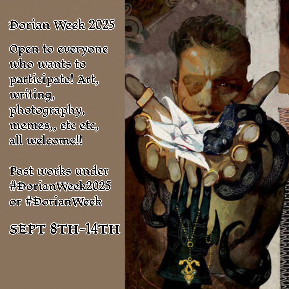 PavusOTD's tweet image. DORIAN WEEK 2025 💛
Takes place from September 8th-September 14th.
All mediums welcome!! Tag posts with #DorianWeek2025 or #DorianWeek &lt;3