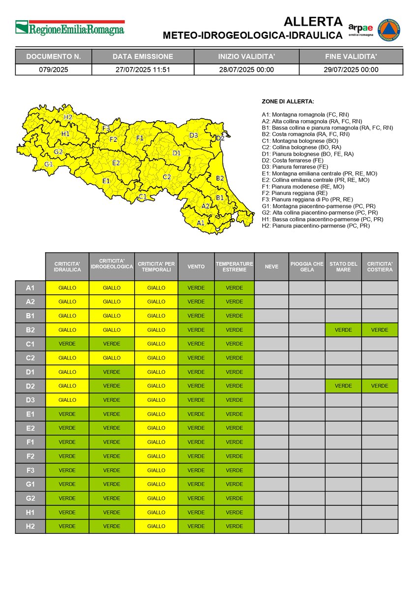 #AllertaMeteoER
Dalle 00:00 del 28/07/2025 alle 00:00 del 29/07/2025  
GIALLA per criticità #idraulica, #idrogeologica e #temporali.
➡️bit.ly/3GM20dP

#28luglio #allertaGIALLA
