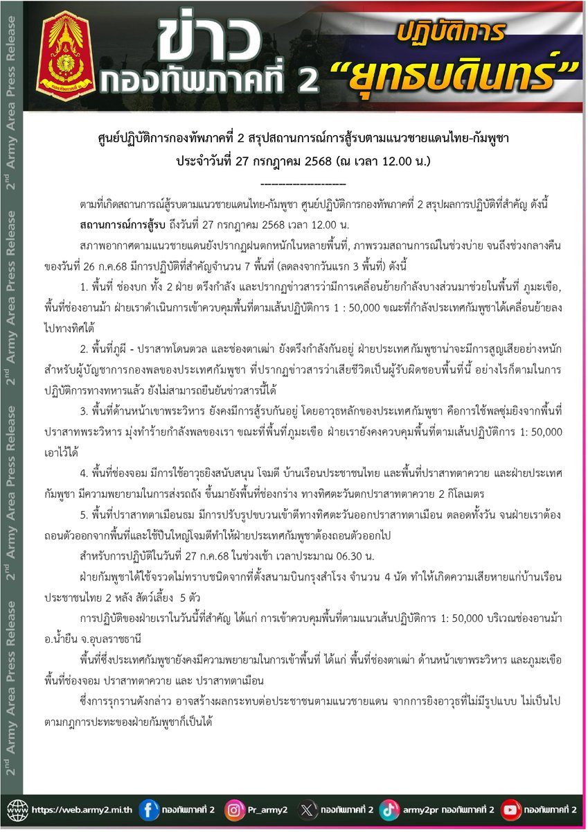 army2pr's tweet image. ศปก.ทภ.2 สรุปสถานการณ์การสู้รบตามแนวชายแดนไทย-กัมพูชา ประจำวันที่ 27 กรกฎาคม 2568 (ณ เวลา 12.00 น.)
#กัมพูชายิงก่อน
#CambodiaOpenedFire
#ไทยนี้รักสงบแต่ถึงรบไม่ขลาด
#กองทัพภาคที่2
#กองทัพบก #RTA