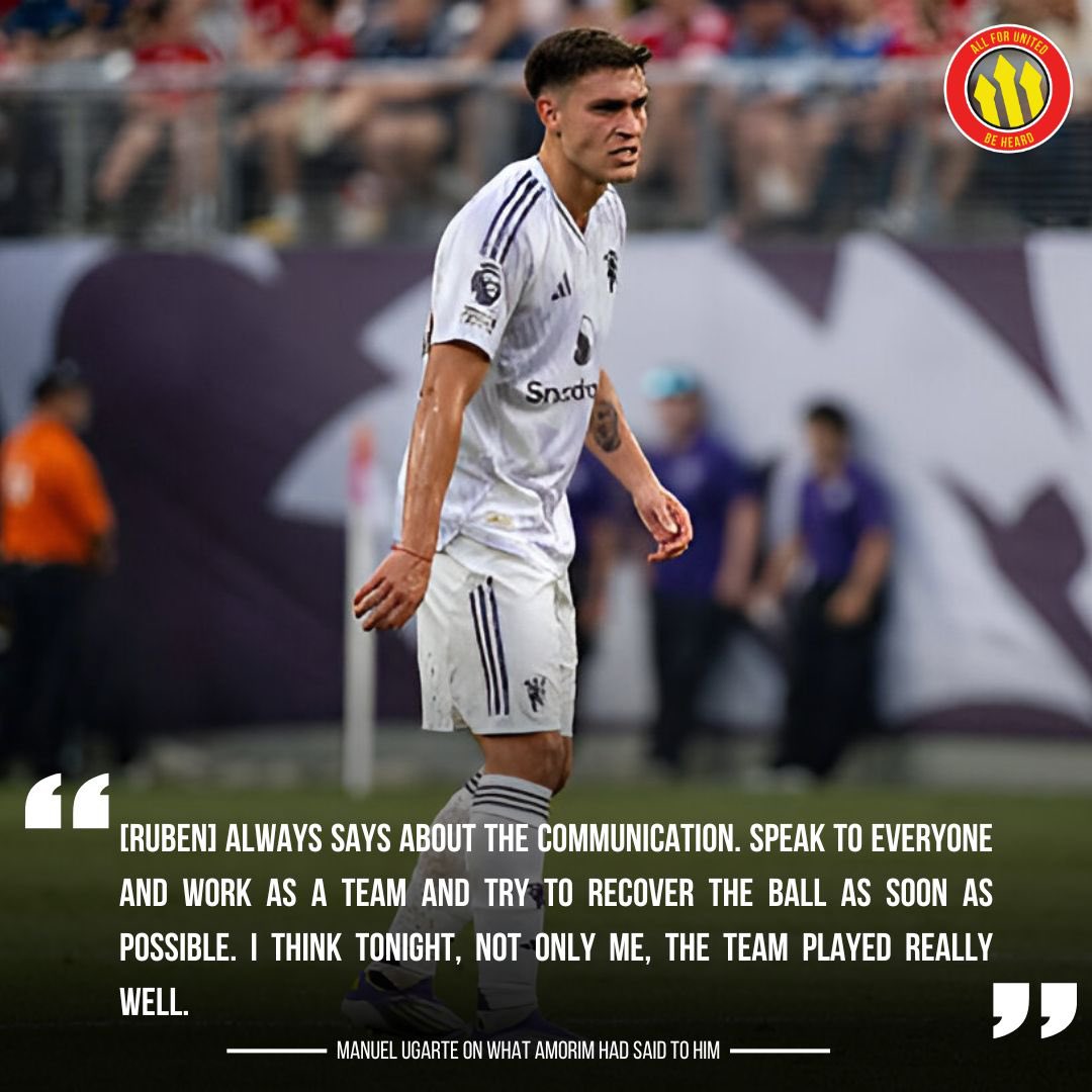 AllForUnited's tweet image. 🚨👥 𝗦𝗽𝗲𝗮𝗸 𝘁𝗼 𝗲𝘃𝗲𝗿𝘆𝗼𝗻𝗲 𝗮𝗻𝗱 𝘄𝗼𝗿𝗸 𝗮𝘀 𝗮 𝘁𝗲𝗮𝗺! 🤝

Manuel Ugarte speaking to MUTV after Manchester United’s 2-1 win against West Ham in the #PLSummerSeries:

&quot;(Ruben) always says about communication,&quot; revealed the midfielder. Speak to everyone and work as…