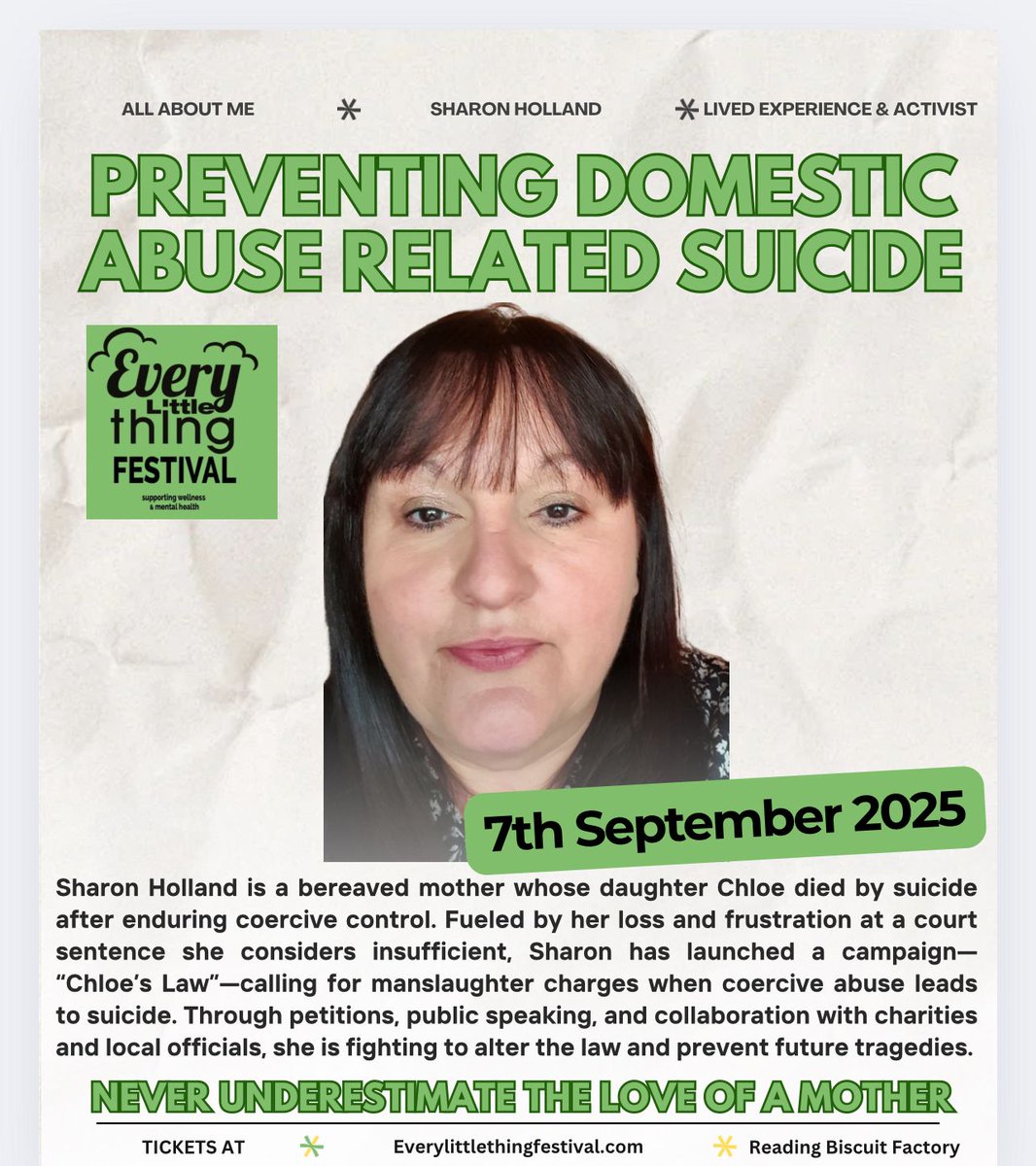 shazmataz72's tweet image. We’re deeply honoured to welcome Sharon Holland, Rosie Lewis, and Harriet Wistrich to the Every Little Thing Festival, where they will speak out as part of the vital Domestic Abuse Related Suicides campaign.
Through powerful personal stories, expert insight.