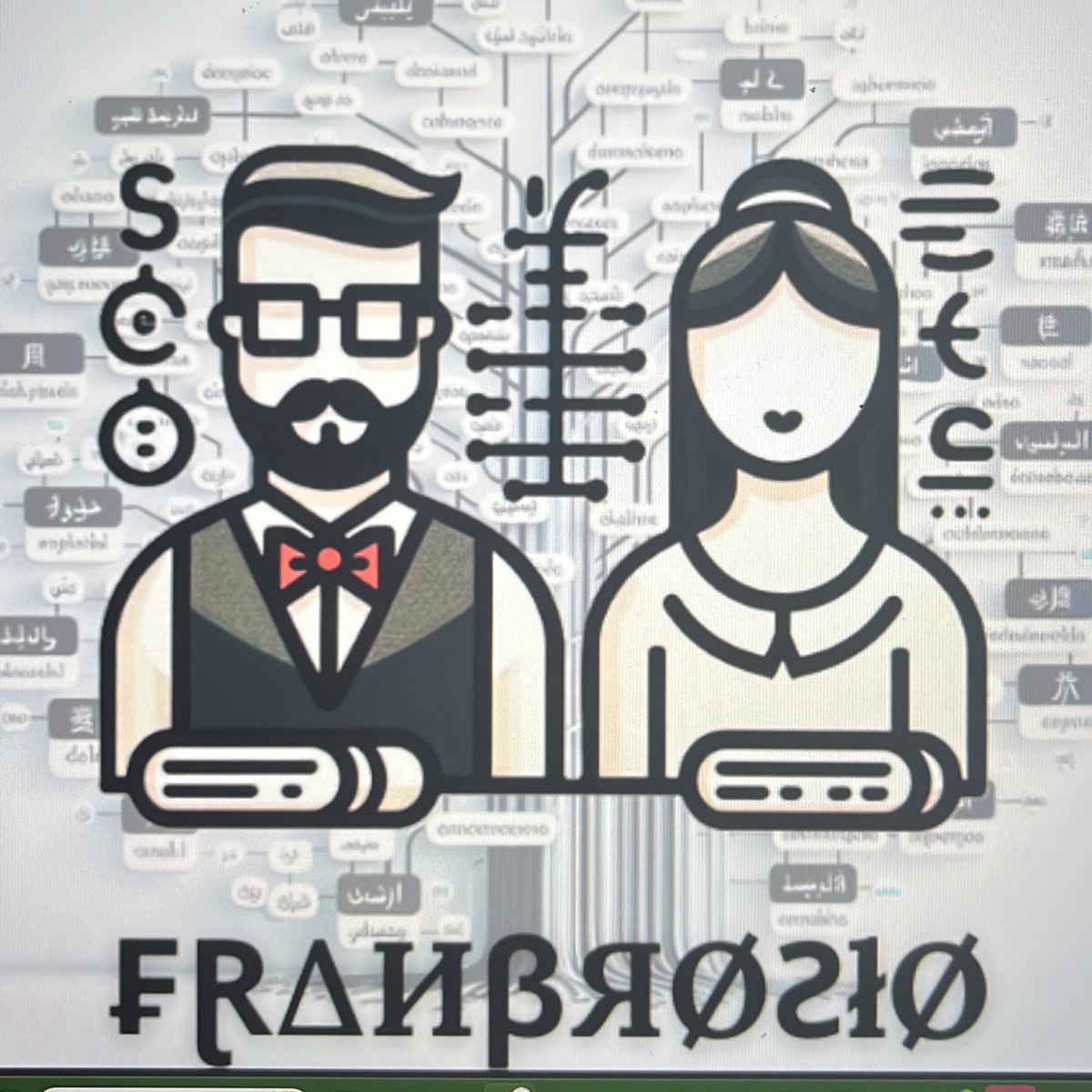 boblyith's tweet image. my two english teachers made a ship name of their fucking names and then made a logo that may or may not be ai???? is that a grenade in the middle???? what’s with the half arabic word map in the bg???