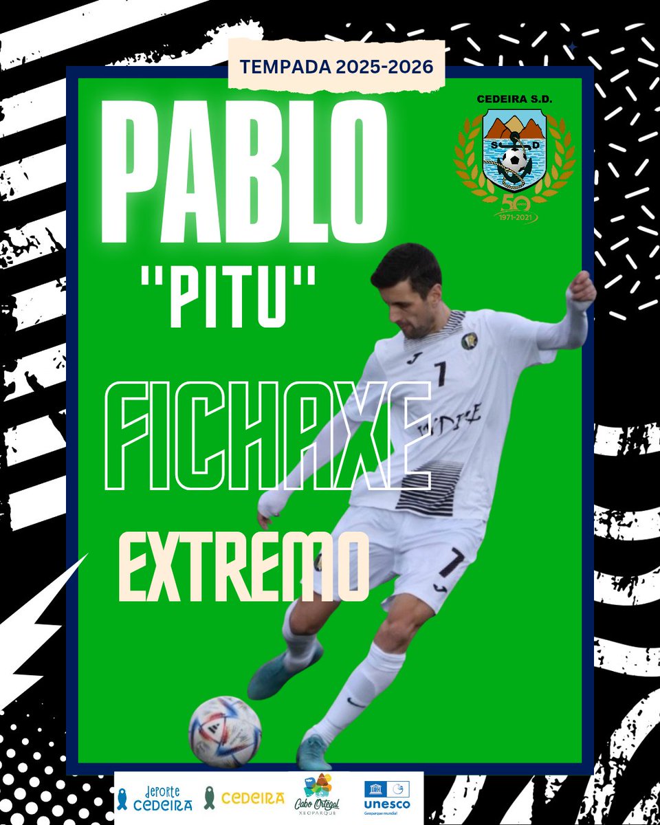 NOVA FICHAXE 🤍🖤👏✍️

🆕️ Tempada 2025-2026
👤Pablo Riveira Luaces "Pitu"
🏠 Cerdido
⚽️ Extremo
➡️ R.Ferrol Vet.

📝Pitu é un xogador que domina perfectamente ambas pernas,golpeo exquisito e balón parado eficaz.

Moita sorte e benvido a tua casa
 🖤🤍🥰👏