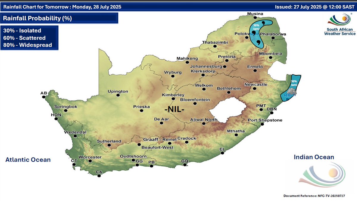 SAWeatherServic's tweet image. Weather forecast for today & tomorrow, 27 - 28 July 2025.
Isolated showers are expected along the east coast of RSA, as well as over the north eastern parts of the country with possible damaging winds & waves along the east coast of KZN.
#saws #weatheroutlook