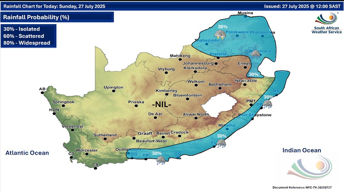 SAWeatherServic's tweet image. Weather forecast for today & tomorrow, 27 - 28 July 2025.
Isolated showers are expected along the east coast of RSA, as well as over the north eastern parts of the country with possible damaging winds & waves along the east coast of KZN.
#saws #weatheroutlook