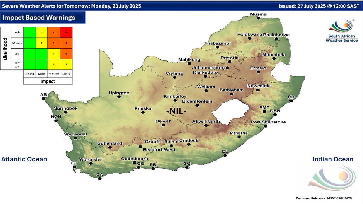 SAWeatherServic's tweet image. Weather forecast for today & tomorrow, 27 - 28 July 2025.
Isolated showers are expected along the east coast of RSA, as well as over the north eastern parts of the country with possible damaging winds & waves along the east coast of KZN.
#saws #weatheroutlook