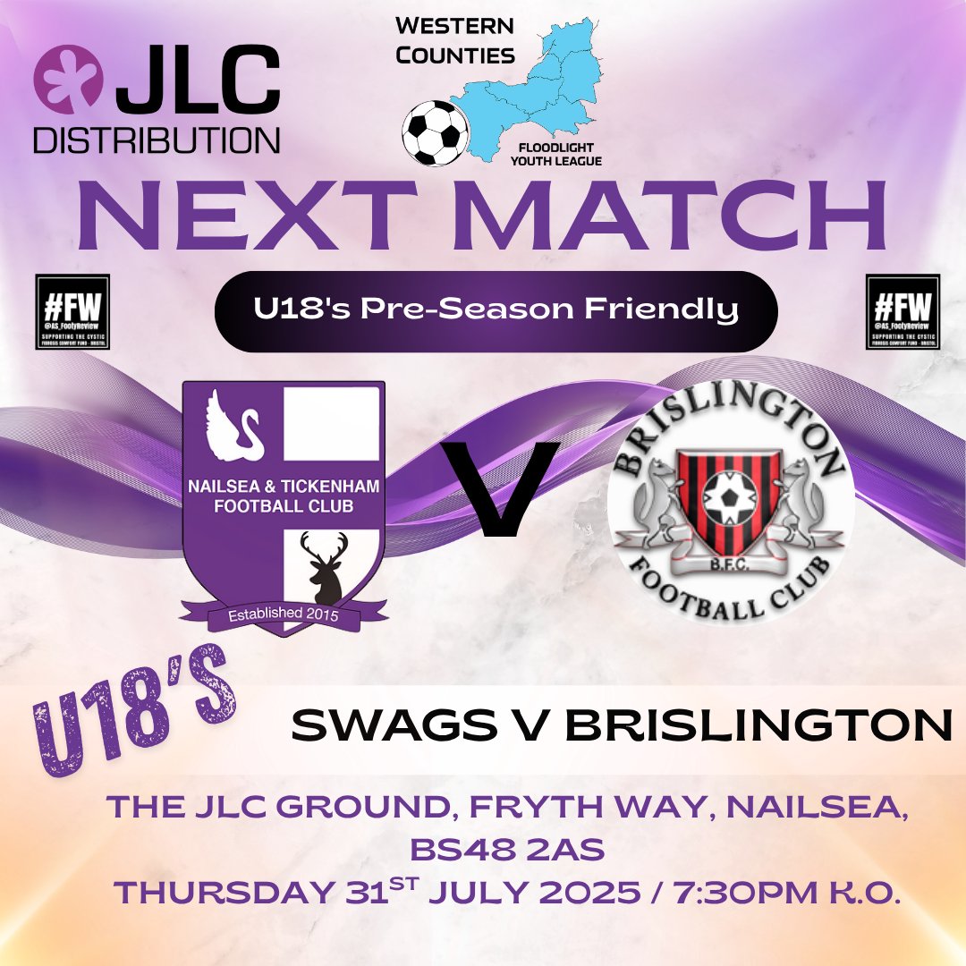 NandTFC's tweet image. U18&apos;s PRE SEASON FRIENDLY
Our pre season friendly kicks off for our U18&apos;s this Thursday 31st July 7:30pm K.O.
We take on Brislington U18&apos;s at The JLC ground, Fryth Way, Nailsea.
Come along and support our youngsters preparing for the Western Floodlight League season!
UTS💜🤍…