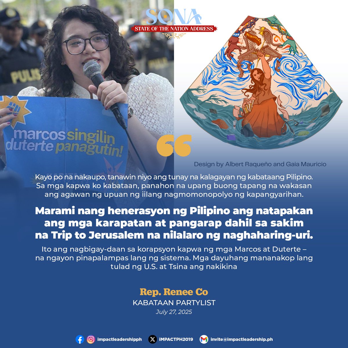 iMPACTPH2019's tweet image. KABATAAN REP. RENEE CO TO WEAR PROTEST DRESS AT SONA VS. POLITICAL DYNASTIES, CORRUPTION
Kabataan Partylist Rep. Atty. Renee Co will wear a symbolic protest dress to the fourth State of the Nation Address (SONA) of President Ferdinand Marcos Jr., expressing opposition to…