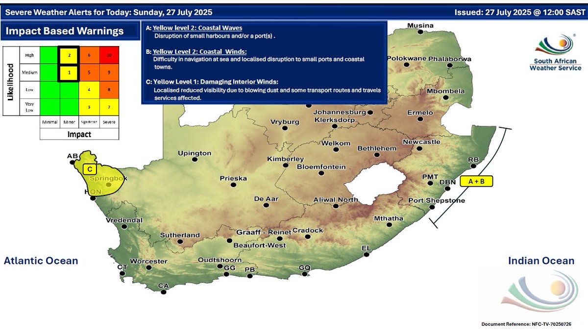 SAWeatherServic's tweet image. Weather forecast for today & tomorrow, 27 - 28 July 2025.
Isolated showers are expected along the east coast of RSA, as well as over the north eastern parts of the country with possible damaging winds & waves along the east coast of KZN.
#saws #weatheroutlook