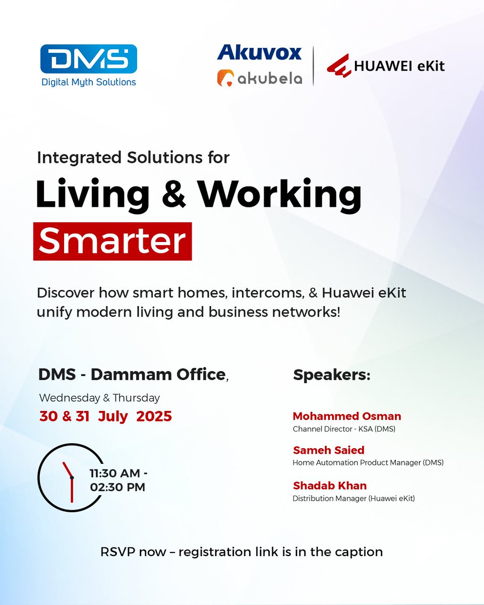 dmsksa's tweet image. You&apos;re Invited!
Join us for an exclusive Round Table Session at DMS Dammam Office on July 30 &amp;amp; 31, and discover how Smart Home Solutions, Intercom Systems, and Huawei eKit Datacom are shaping the future of connected living and business environments.

🧠 Live Demonstrations &amp;amp;…