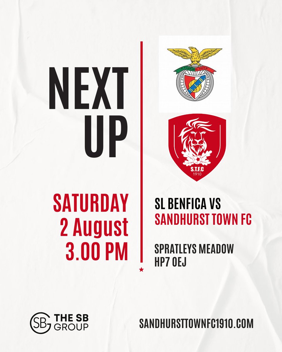 Sandhursttownfc's tweet image. Sandhurst Town will play their first league game against SL Benfica on 02/08/25. More details to follow.
@FootballWebPgs, @NonLeagueHQ1,
@ComCoFL,@fiberkshire, @SLBenfica