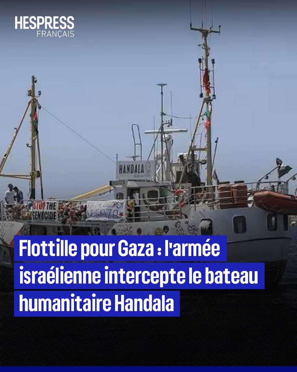 HespressFr's tweet image. L'armée israélienne a intercepté le bateau Handala exploité par le mouvement propalestinien "Flottille pour la liberté" qui se dirigeait vers Gaza chargé d'aide humanitaire, selon des images diffusées en direct samedi par le groupe.
"La marine israélienne a empêché le navire…