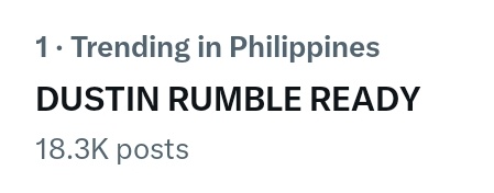 dustin_trends's tweet image. [𝗧𝗔𝗚𝗟𝗜𝗡𝗘 𝗨𝗣𝗗𝗔𝗧𝗘]

Atake? Atake kayo!

We&apos;re still holding the top spot on the trending list with over eighteen thousand tweets—what a powerful way to show our love and support for Dustin!

DUSTIN RUMBLE READY
DUSTIN RUMBLE READY

#DustinYu || @dustinyuu
