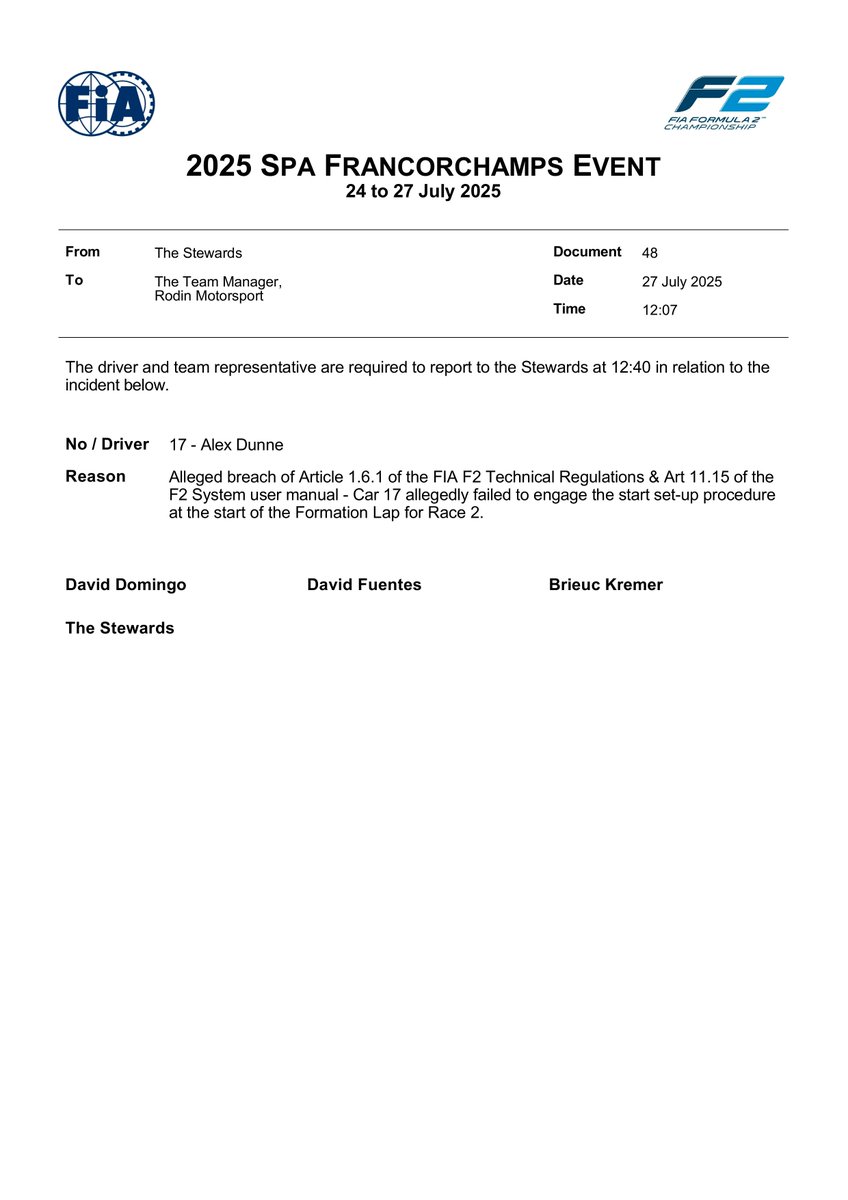 f2docsbot's tweet image. New document: Doc 48 - SUMMONS - Car 17 - Formation Lap - alleged failure to engage start setup procedure
Published on 27.07.25 12:08 CET
fia.com/system/files/d…
#F2 #Formula1 #FIA