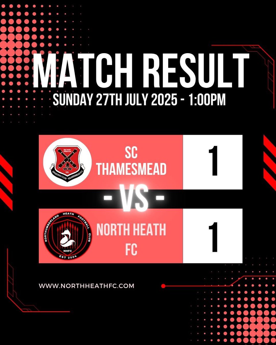 Northumberland Heath FC (@northheathfc) on Twitter photo A competitive match against <a href="/SCThamesmeadFC/">SC Thamesmead FC 🏴</a> today.
We take a lot away from the fixture.
Thank you for the hospitality. Best of luck for the <a href="/SCEFLeague/">Presence & Co. SCEFL League</a> season ahead.
Thank you to those who chose to come out and watch us 💪
We move onto to face <a href="/FcEquinoccial/">Official Equinoccial FC</a> next Saturday. A competitive match against <a href="/SCThamesmeadFC/">SC Thamesmead FC 🏴</a> today.
We take a lot away from the fixture.
Thank you for the hospitality. Best of luck for the <a href="/SCEFLeague/">Presence & Co. SCEFL League</a> season ahead.
Thank you to those who chose to come out and watch us 💪
We move onto to face <a href="/FcEquinoccial/">Official Equinoccial FC</a> next Saturday.
