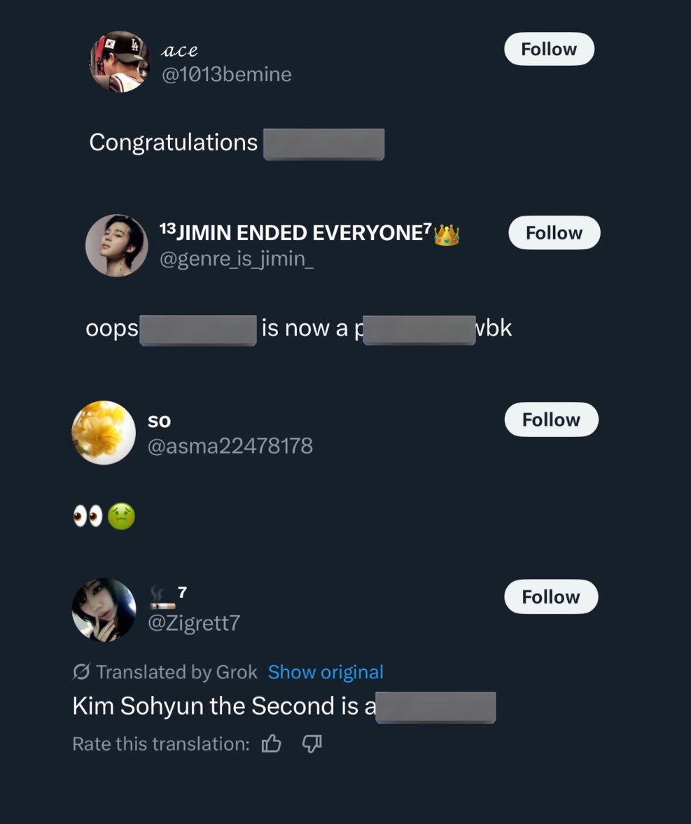 protectforjk's tweet image. Please block and report these anti they’re just wasting oxygen with their pathetic obsession over 🐰
📍 x.com/1013bemine
📍x.com/genre_is_jimin_
📍x.com/asma22478178
📍x.com/Zigrett7