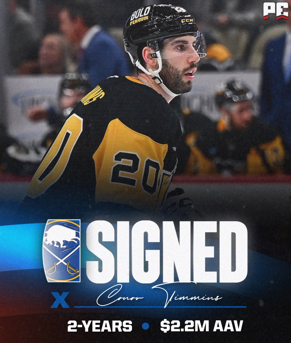 The Sabres sign Conor Timmins to a two-year deal worth $2.2M AAV.