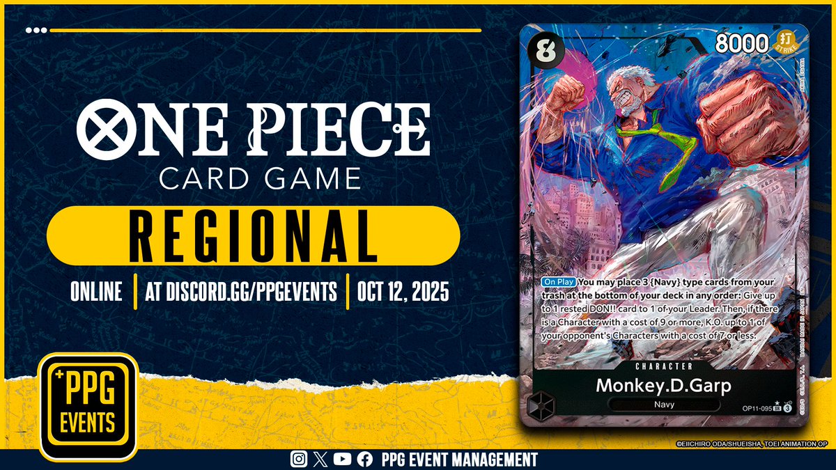 _proplaygames's tweet image. TICKET SALES GO LIVE TODAY!!!!!
Registration for the One Piece Card Game Online October Regional opens July 27th at 12PM EDT
Event Date: October 12, 2025
Register here: eventbrite.com/e/one-piece-ca…
Don't miss your chance to compete at the highest level.