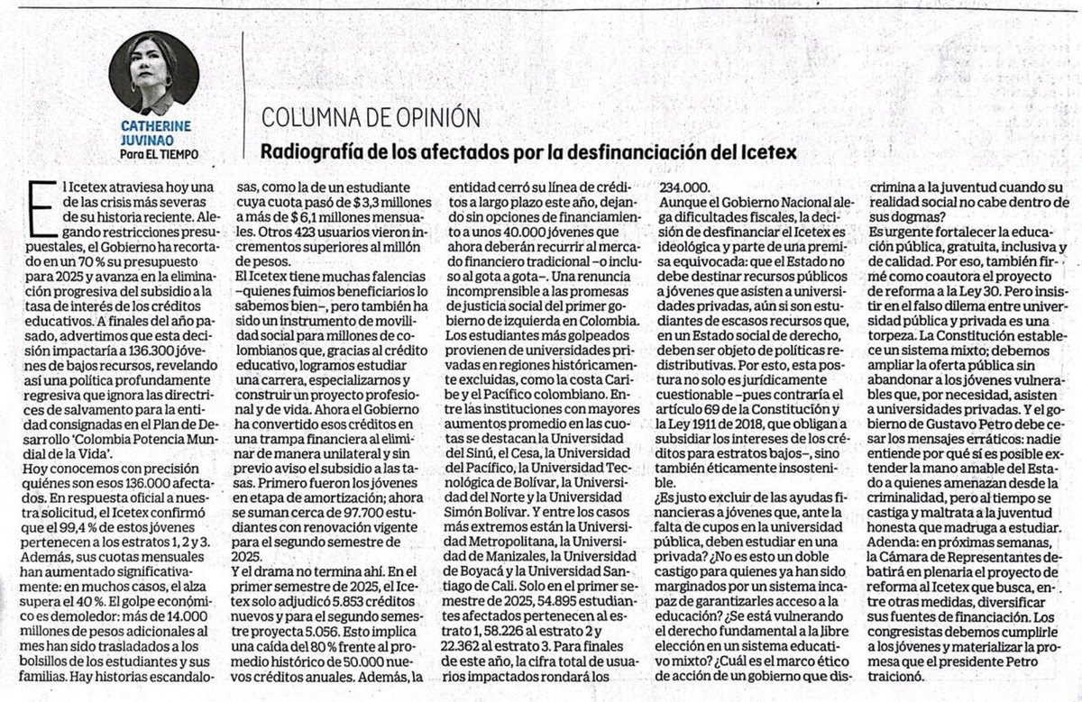 Nuestra columna de opinión hoy en el <a href="/ELTIEMPO/">EL TIEMPO</a>: revelamos la radiografía de los 136.000 usuarios del <a href="/ICETEX/">ICETEX</a> afectados por los recortes en 2025-I. Un drama que contradice los postulados de justicia social del primer gobierno de izquierda en Colombia. 

Invitados a leer ⬇️