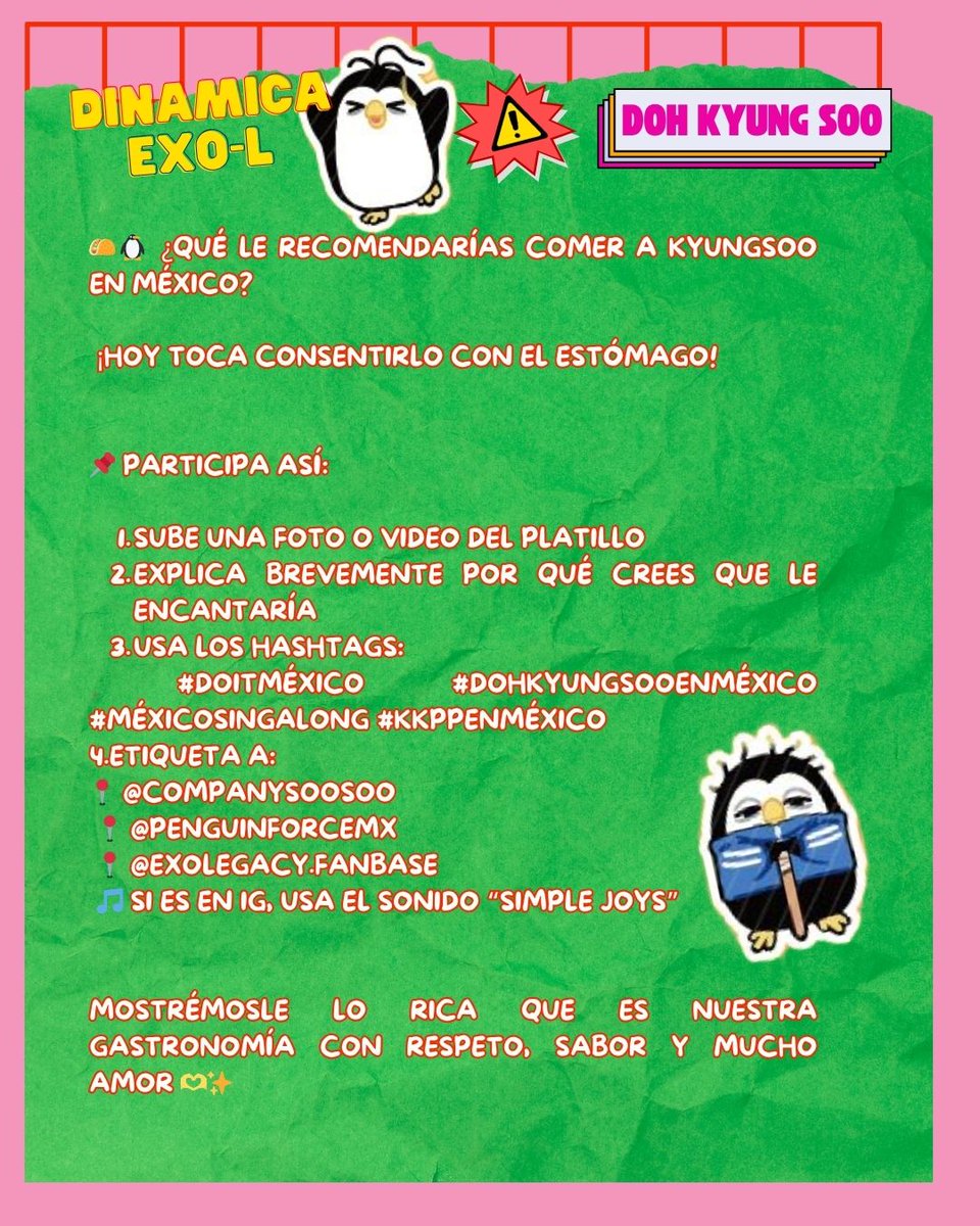 exo_legacy's tweet image. ⭐Eriiiiiiiiiiiii llegó el día! ES HOY! ES HOY!!!! Recomiendale una comidita mexicana a Soo!
No te olvides de usar los hashtags!
#DOitMéxico #DohKyungsooEnMéxico #MéxicoSingAlong #KKPPenMéxico
@companysoosoo_ #DohKyungsoo #KimWoobin #LeeKwangSoo
