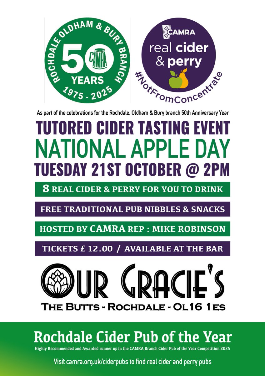 What a great poster Our Gracies have done to advertise the cider tasting event in October. Publicising the event, cider, CAMRA and the Branch 50th anniversary. What's not to like about it. Please do copy and promote it ourselves. Ta.🍏