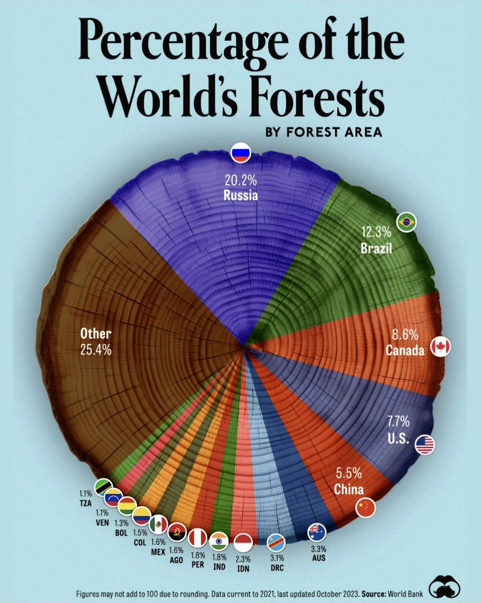 Globalstats11's tweet image. Countries by Forest Area Share in the World 🌳
1. 🇷🇺 Russia – 20.2%
2. 🇧🇷 Brazil – 12.3%
3. 🇨🇦 Canada – 8.6%
4. 🇺🇸 United States – 7.7%
5. 🇨🇳 China – 5.5%
6. 🇦🇺 Australia – 3.3%
7. 🇨🇩 DR Congo – 3.1%
8. 🇮🇩 Indonesia – 2.3%
9. 🇮🇳 India – 1.8%
10. 🇵🇪 Peru – 1.8%
11. 🇦🇴 Angola –…