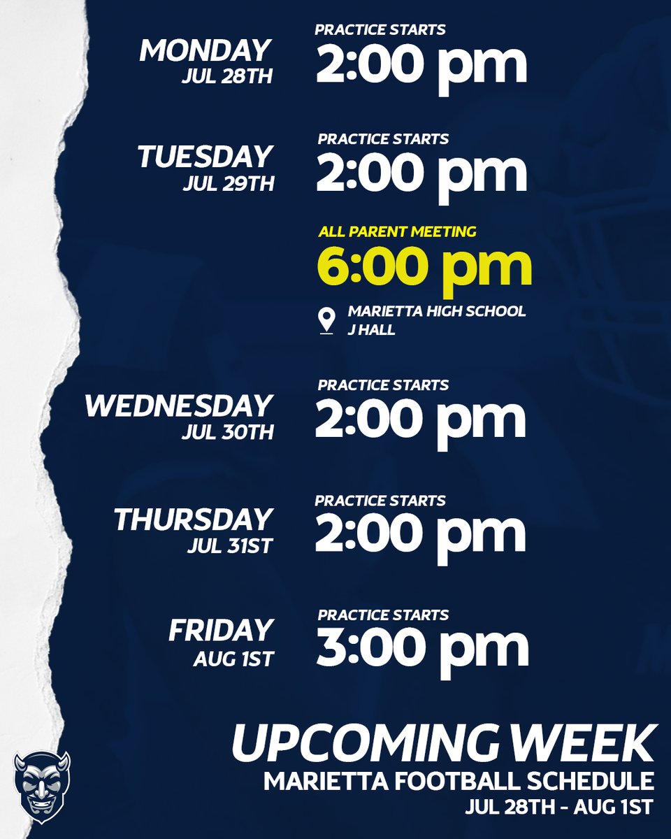 🚨Schedule for the upcoming week🚨
🕑Mon-Thurs: Players report at 2:00pm
🕒Fri: Players report at 3:00pm
Please also note there is a Parent Meeting Tuesday @ 6:00 - 7:00 (All 9th-12th grade football parents)