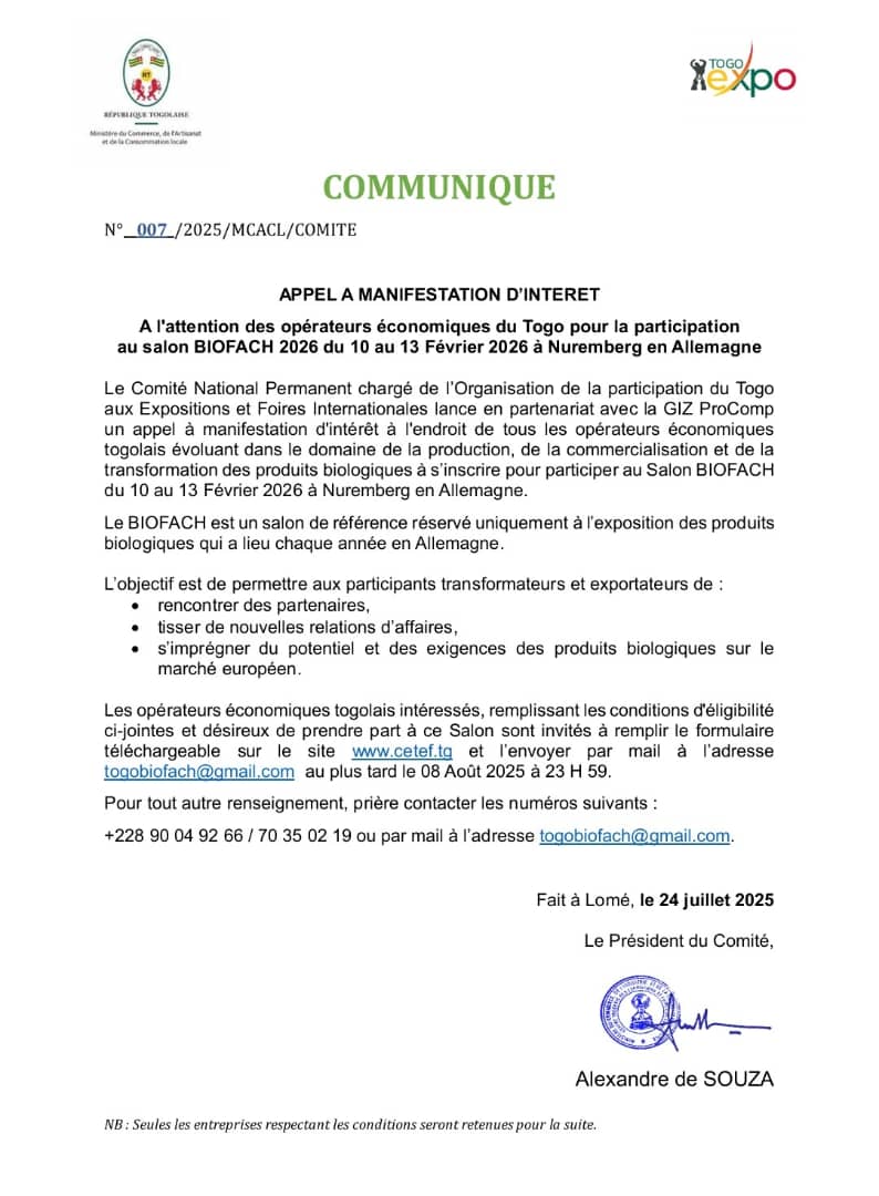 BIOFACH 2026, prévue du 10 au 13 février à Nuremberg en Allemagne ouvre ses portes aux producteurs et transformateurs de produits bio togolais.
Désireux de participer à ce salon qui vous permettra de passer à des transactions à l'international?